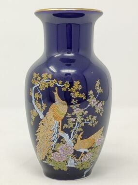 Asian Design Cobalt Blue Small Art Porcelain Vase Peacock Floral 6" Gold trim